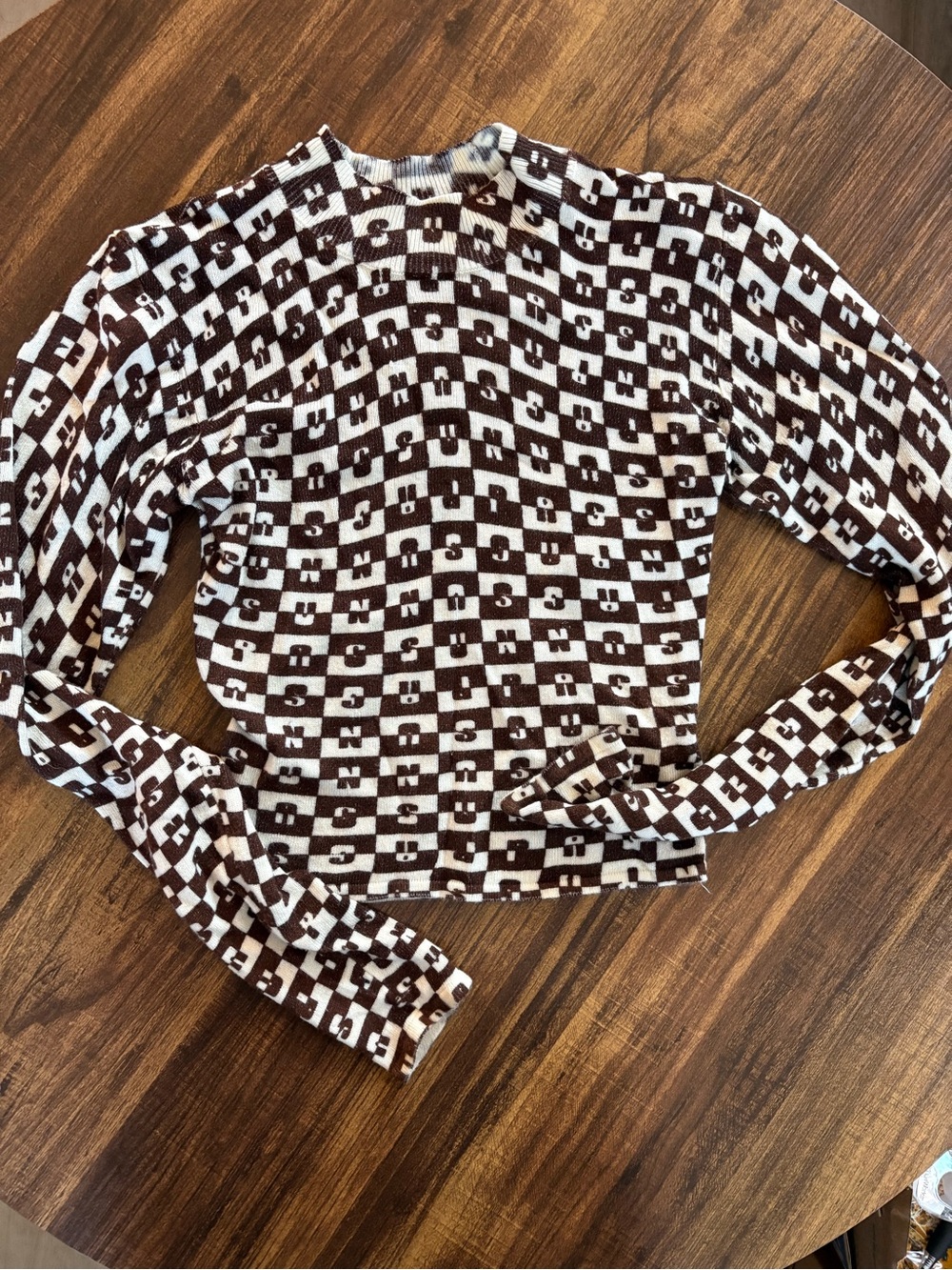 PacSun Brown and White Checker Knit Long-Sleeve Top
